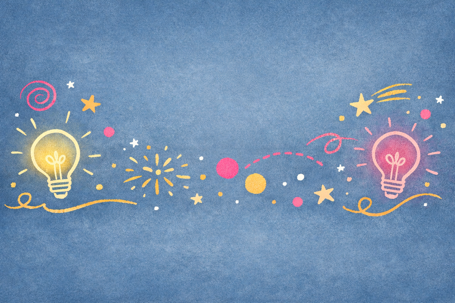 A whimsical illustration featuring light bulbs, stars, and decorative swirls on a textured blue background.